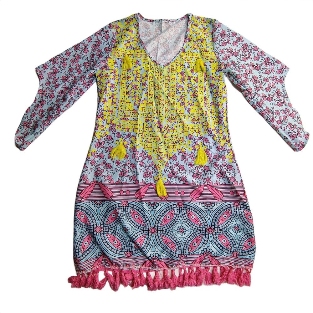 Mislook Tunic Boho Vibrant Eclectri Floral Tassels Fringe Pink Coastal Fairy Cow - Picture 2 of 11